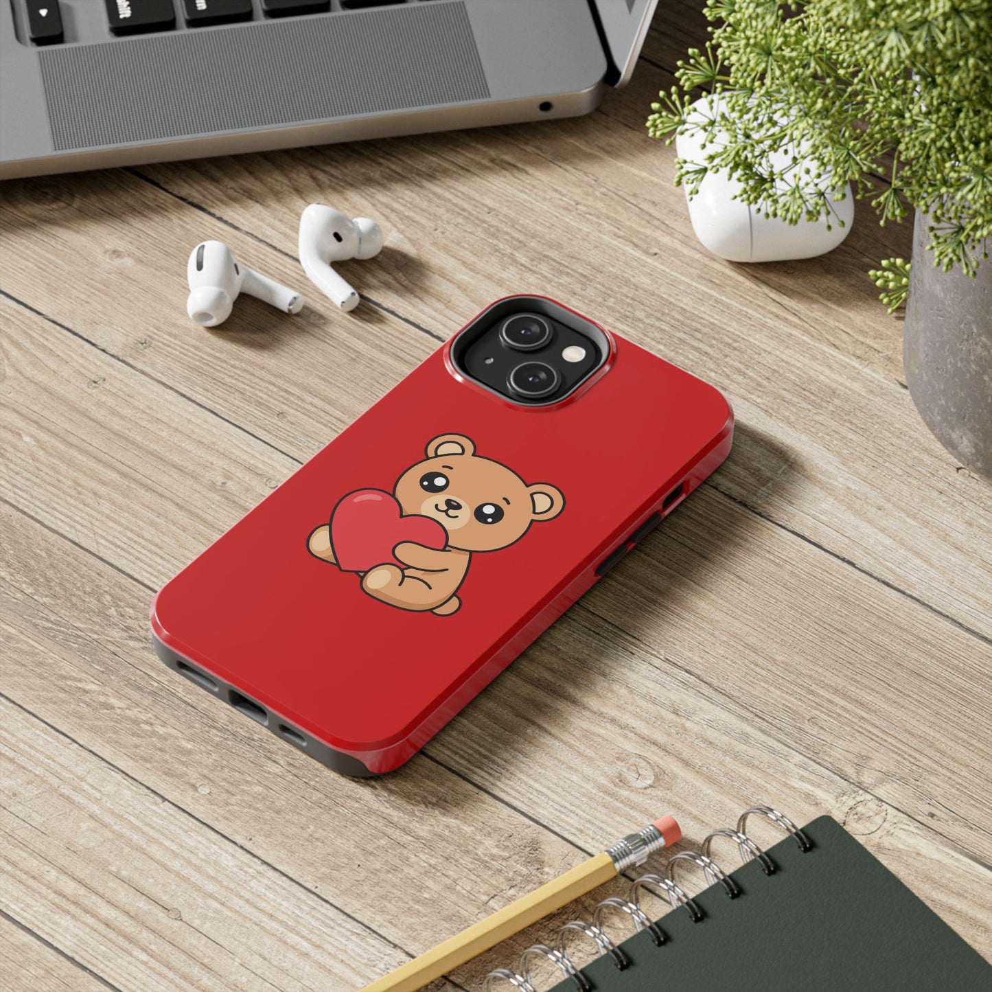 Kawaii Bear Heart Phone Case — Cute Red Protective Tough Case for iPhone