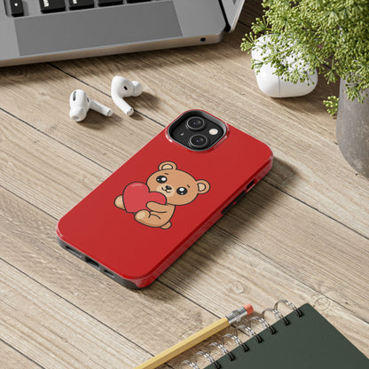 Kawaii Bear Heart Phone Case — Cute Red Protective Tough Case for iPhone